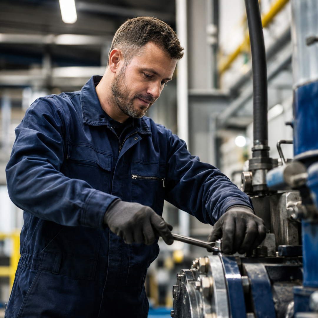 Mechanikus karbantartó szerszámmal dolgozik egy gépen